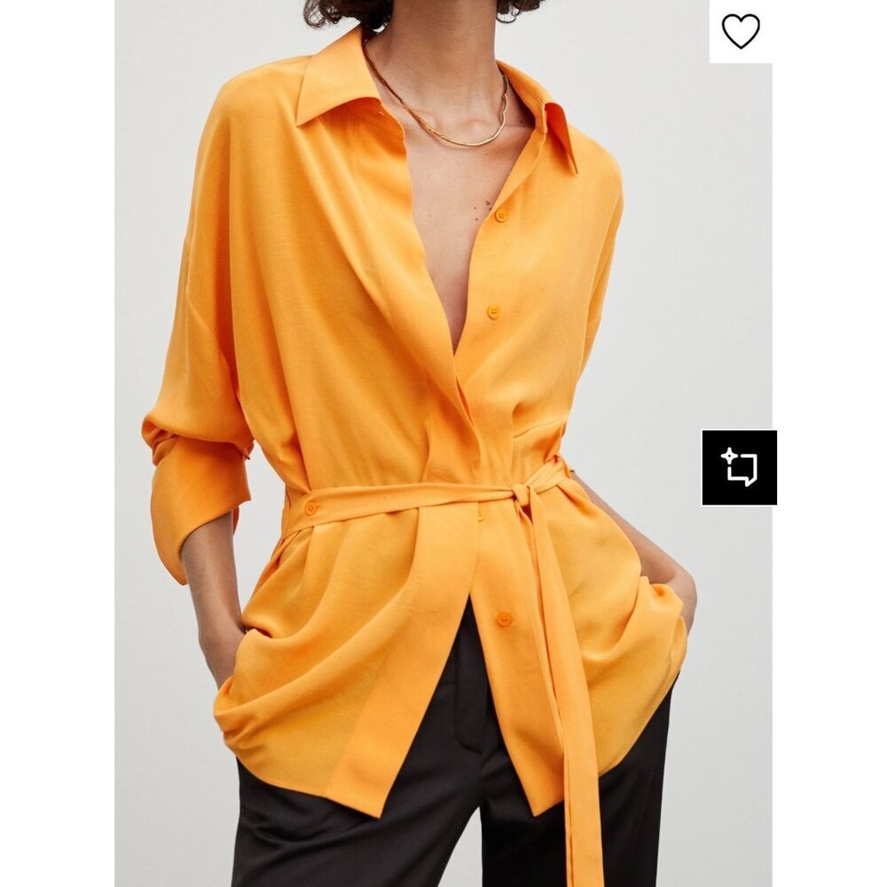 Massimo Dutti Orange Belted Button-Up Blouse Collared Neck Long Sleeves XS